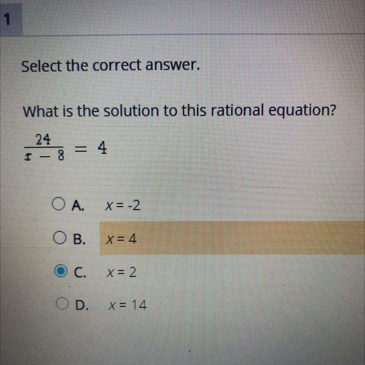 What is the solution to this rational equation? 24 over x-8 =4-example-1