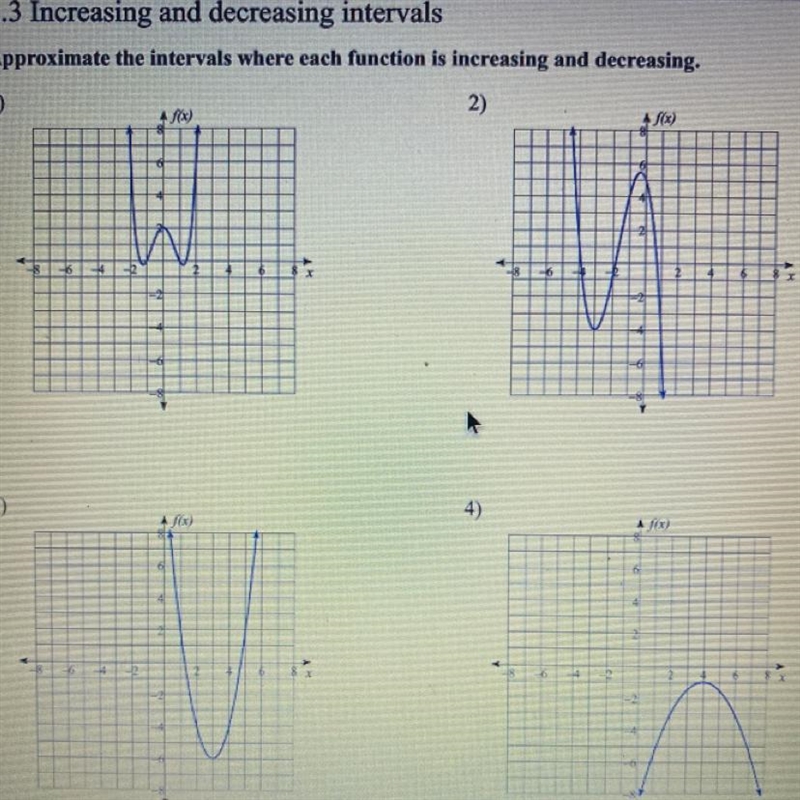 Approximate the intervals where each function is increasing and decreasing.-example-1