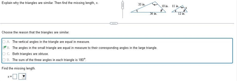 Explain why the triangles are similar. Then find the missing​ length,-example-1