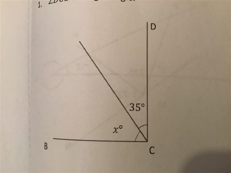 DCB is a right angel ____ +35 degrees =90 degrees X degrees =____-example-1