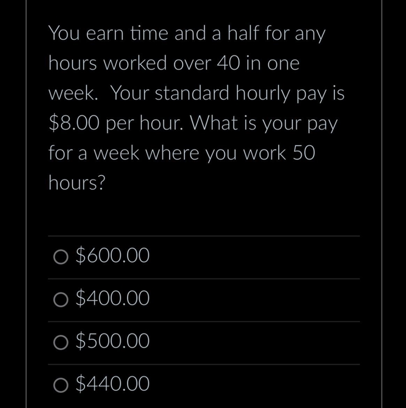 You earn time and a half for any hours worked over 40 in one week. Your standard hourly-example-1