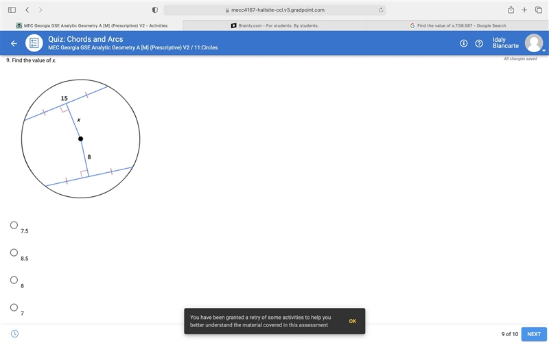 HELPP Find the value of x. 7.5 8.5 8 7-example-1