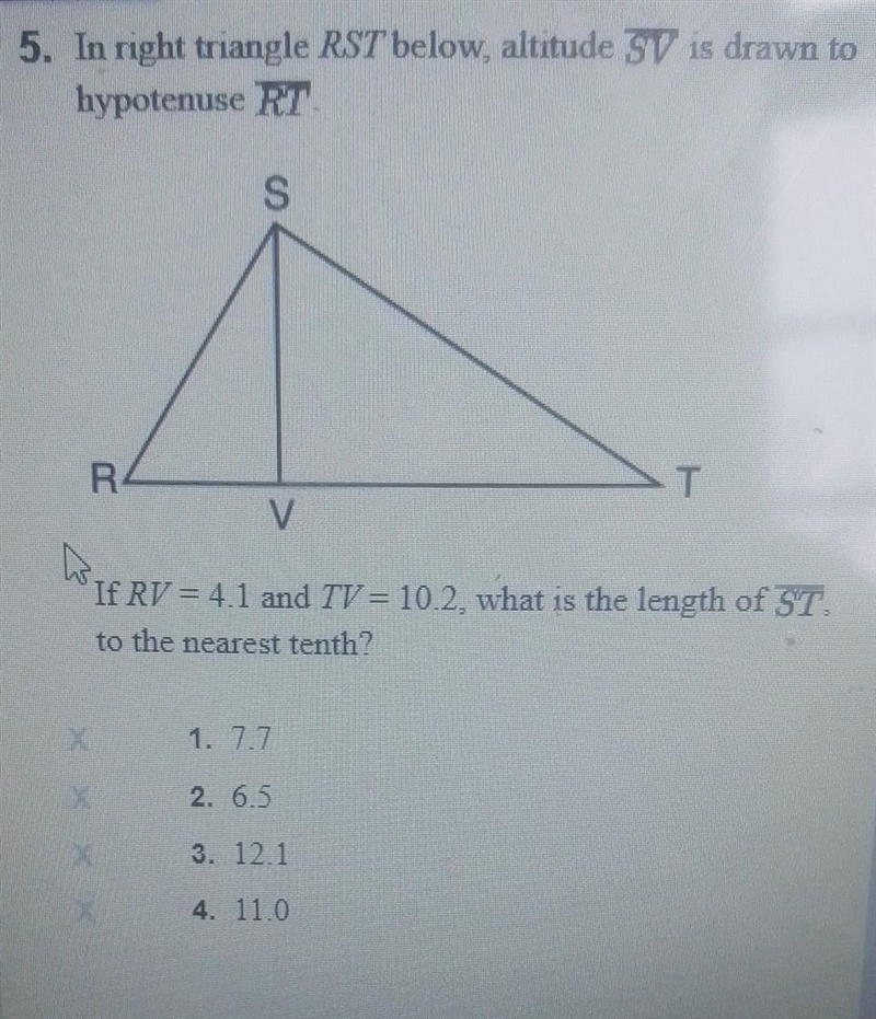 In right triangle RST below, altitude SV is drawn to hypotenuse RT. If RV =4.1 and-example-1