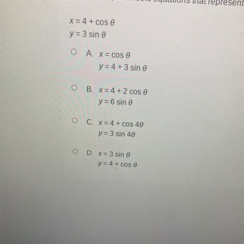 Identify the parametric equations that represent the same path as the following parametric-example-1