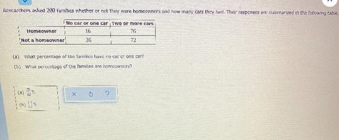 Researchers asked 200 familles whether or not they were homeowners and how many cars-example-2