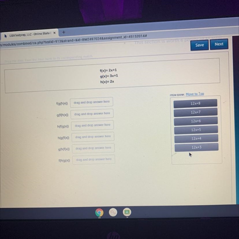 f(x)=2x+1g(x)= 3x+1h(x)=2xITEM BANK: Move to Topf(g(h(x))drag and drop answer here-example-1