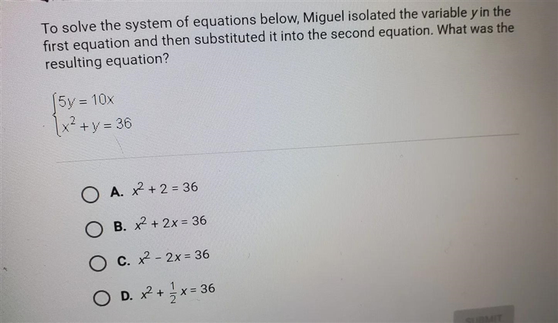 to solve the system of equations below, miguel isolated the variable y in the first-example-1