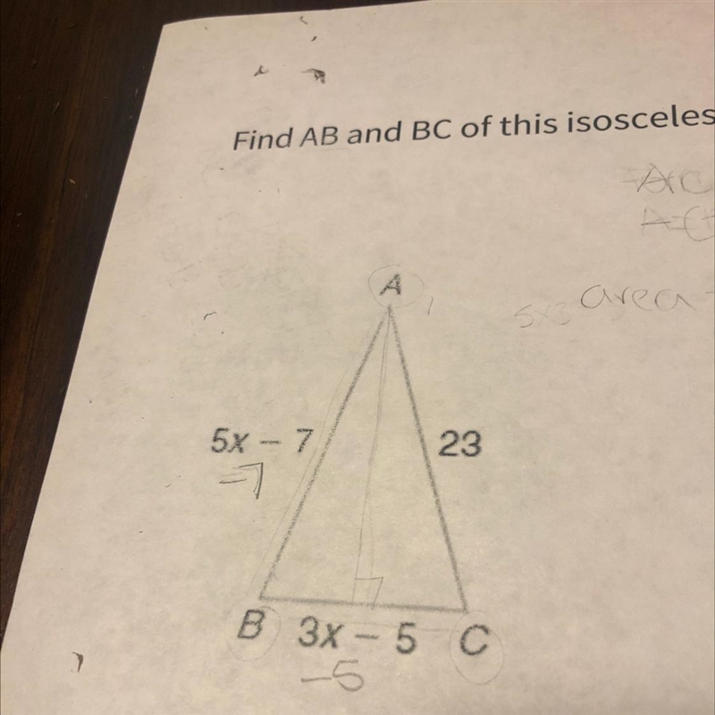 Find AB and BC of this isosceles triangle.-example-1