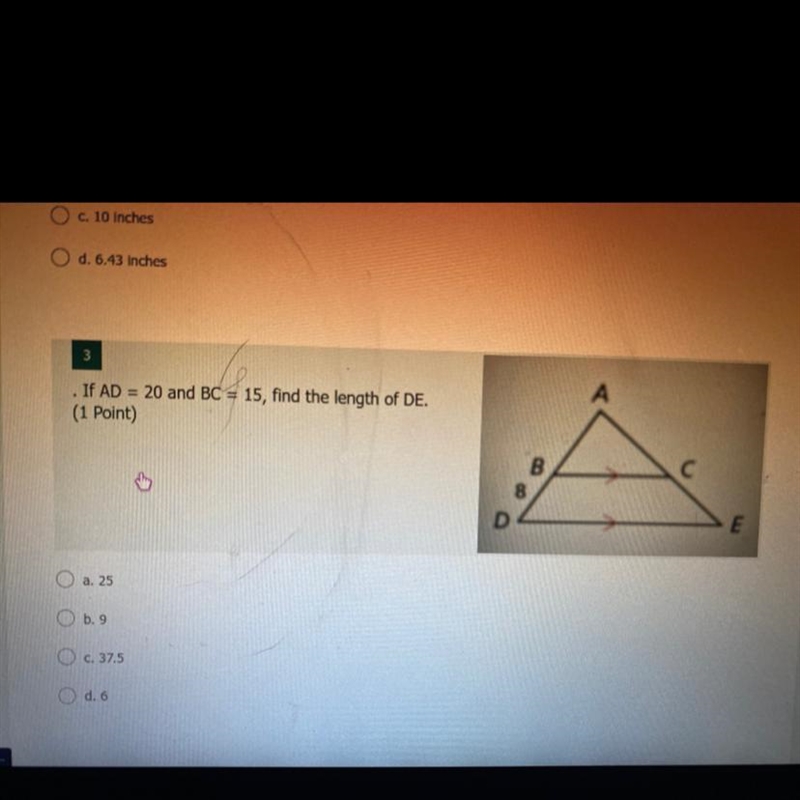 If AD=20 and BC=15 find the length of DE-example-1