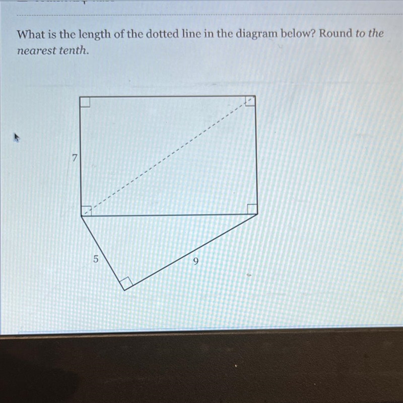 What is the length of the dotted line in the diagram below? Round to the nearest tenth-example-1