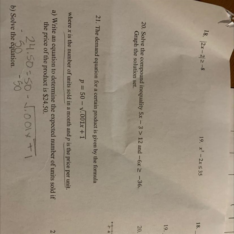 Solve the compound inequality 5x - 4 > 12 and -6x ≥ -36. Graph the solution set-example-1