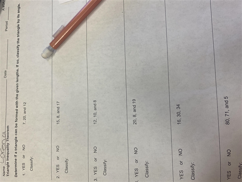 Determine if a triangle can be formed with the given lengths. If so, classify the-example-2