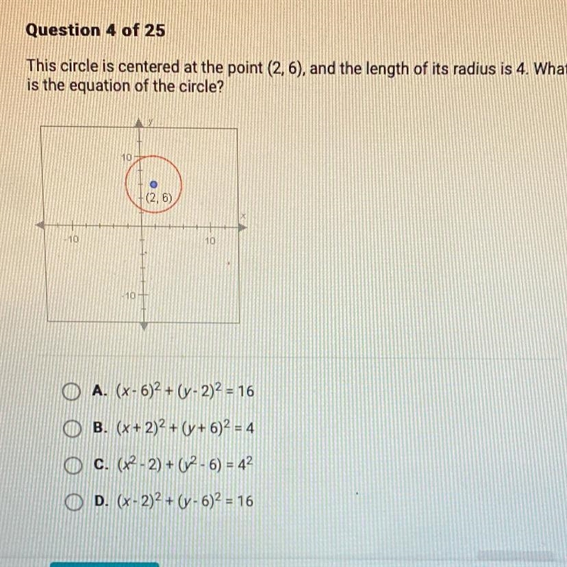 This circle is centered at the point (2, 6), and the length of its radius is 4. Whatis-example-1