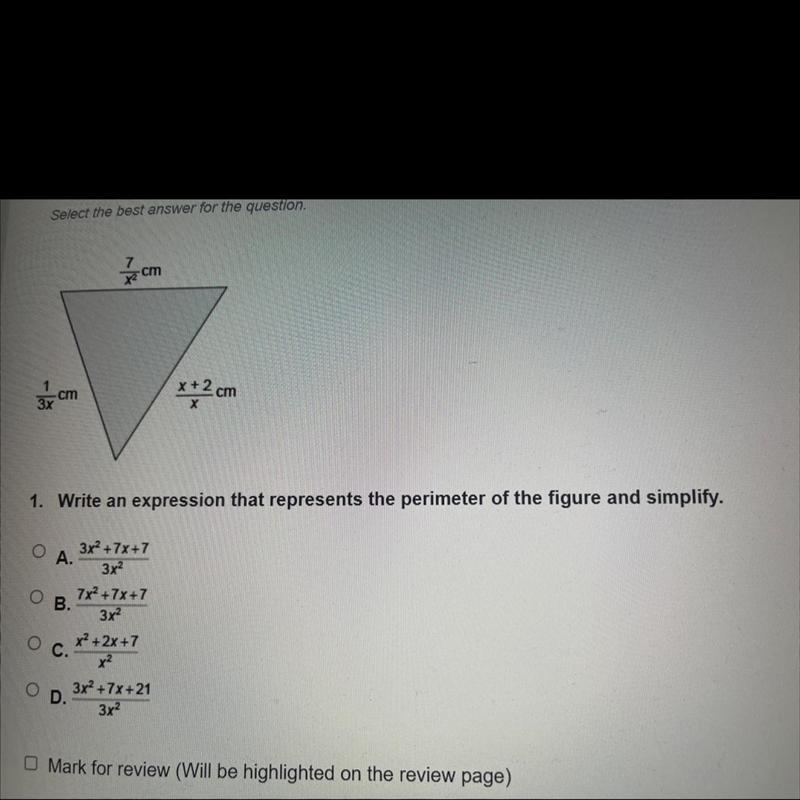 X² cm 1 cm 3x **2 cm 1. Write an expression that represents the perimeter of the figure-example-1