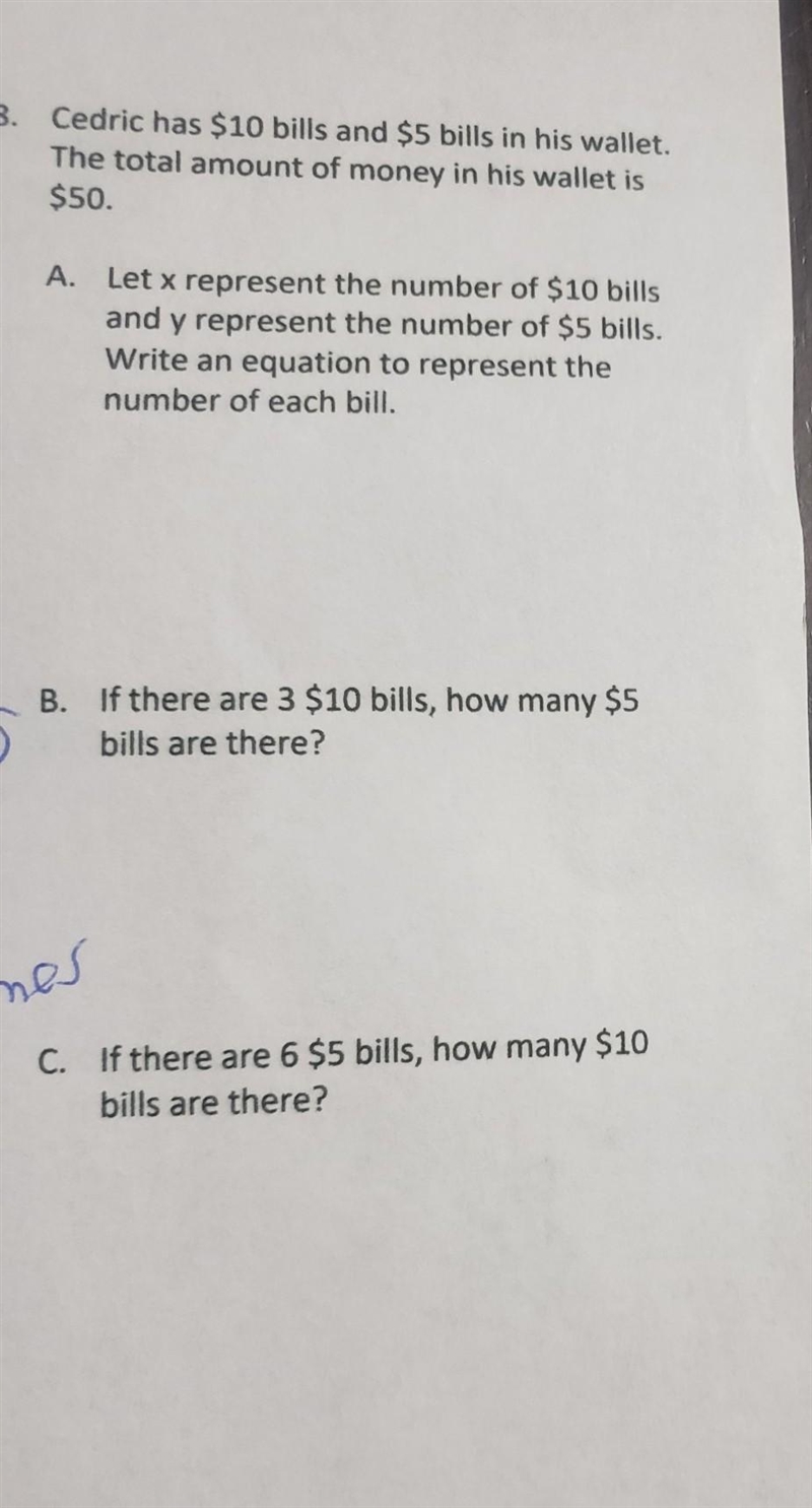 real application of linear equations Cedric has $10 bills and $5 bills in his wallet-example-1