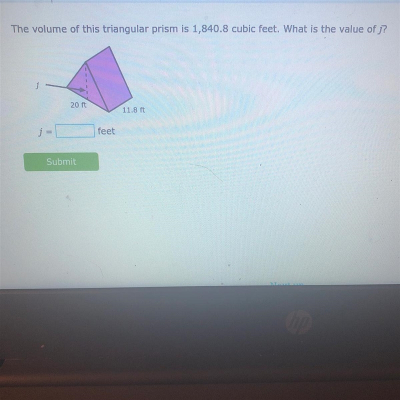 The volume of this triangular prism is 1,840.8 cubic feet. What is the value of j-example-1