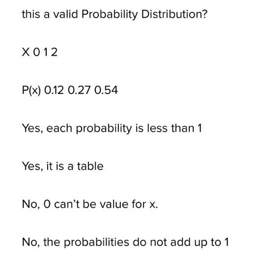 Is this a valid Probability Distribution?X 0 1 2P(x) 0.12 0.27 0.54Yes, each probability-example-1