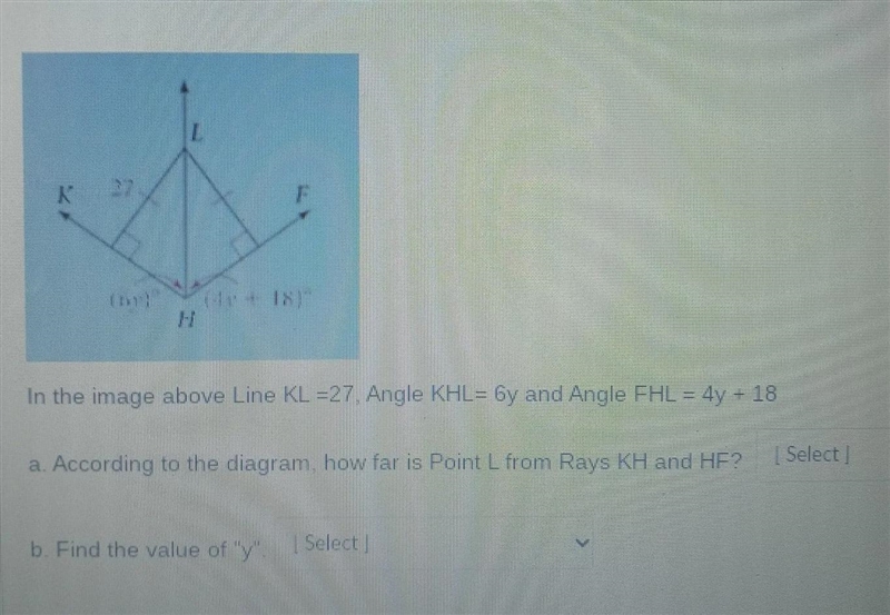 According to the diagram, how far is point L from Rays KH and HF?Find the value of-example-1