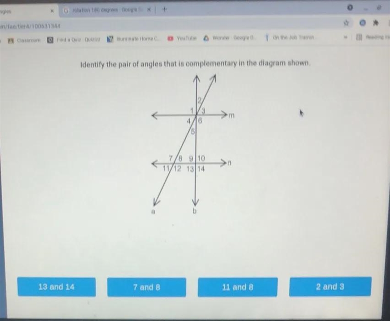 identify the pair of angles that is complementary in the diagram shown.please help-example-1