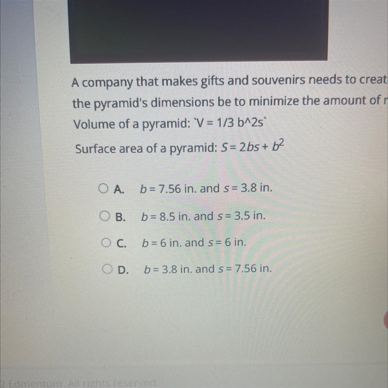 (calc!) A company that makes gifts and souvenirs needs to create a pyramid that has-example-1