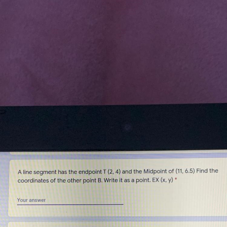 A line segment has the endpoint T(2,4) and the Midpoint of (11,6.5) Find the coordinates-example-1