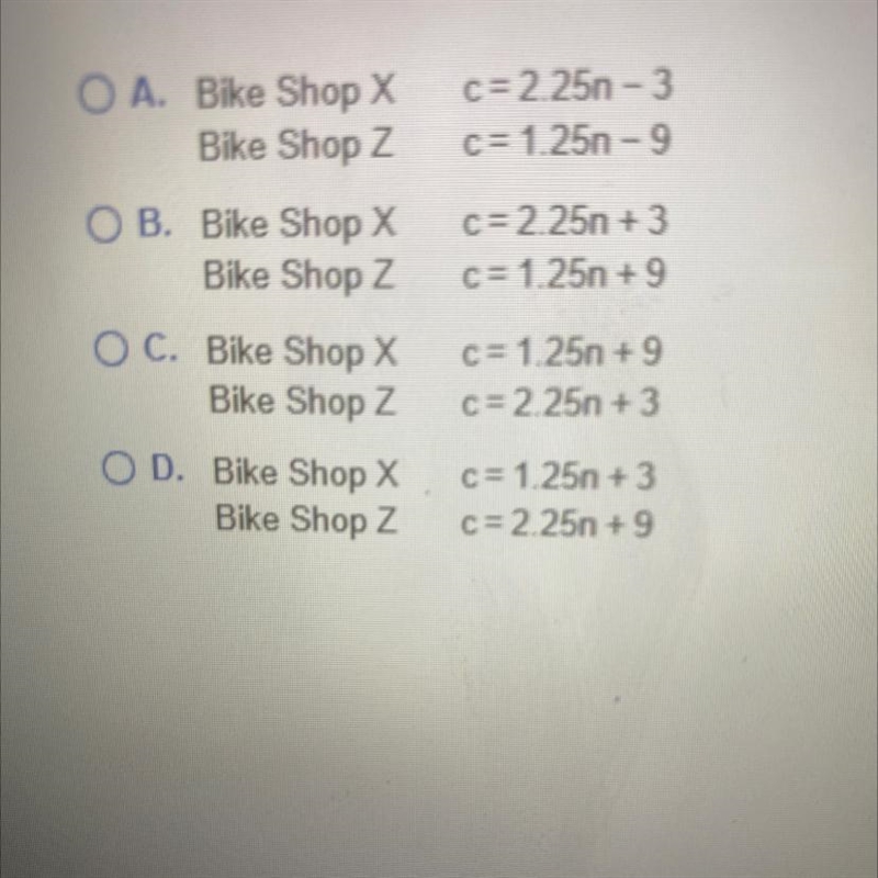 At bike shop x it costs $2.25 per hour plus. A $3.00 deposit to rent a bike at bike-example-1