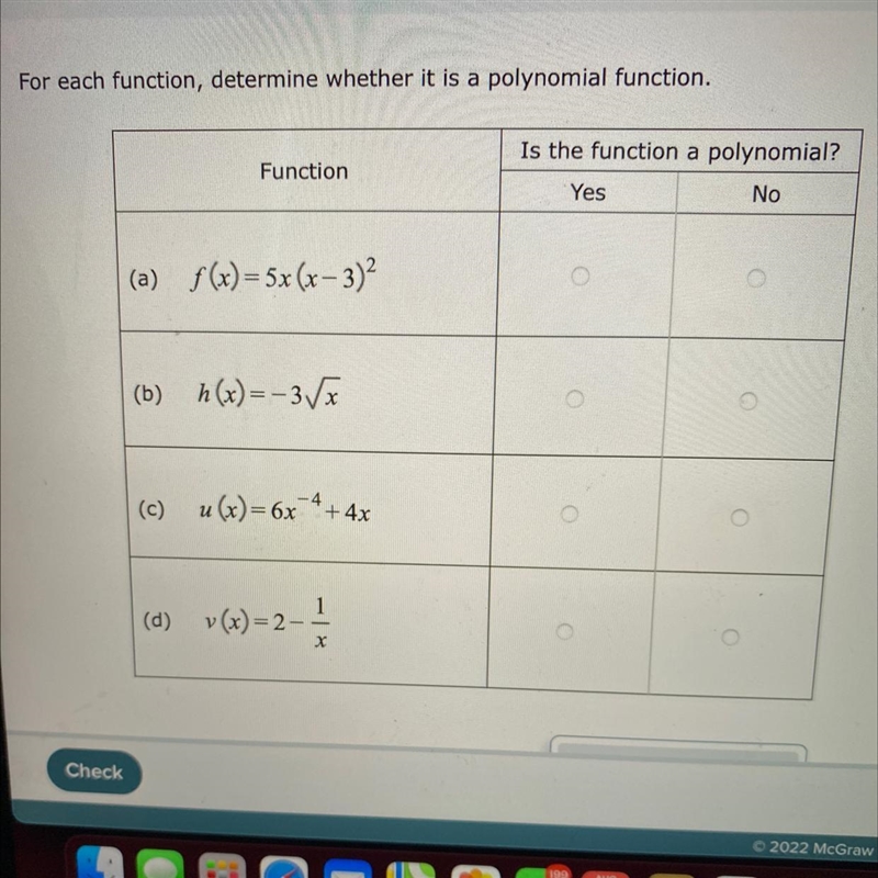 For each function, determine whether it is a polynomial function.Function(a) f(x) = 5x-example-1