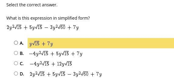 What is this expression in simplified form? 2y^2√15+5y√15-3y^2√60+7y-example-1