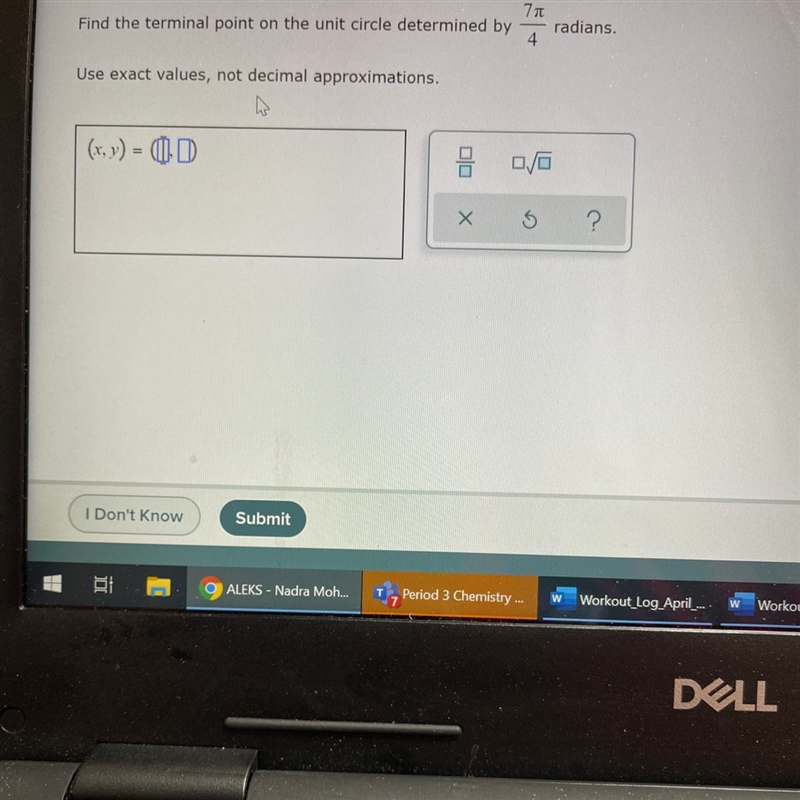 Find the terminal point on the unit circle determined byradians.Use exact values, not-example-1