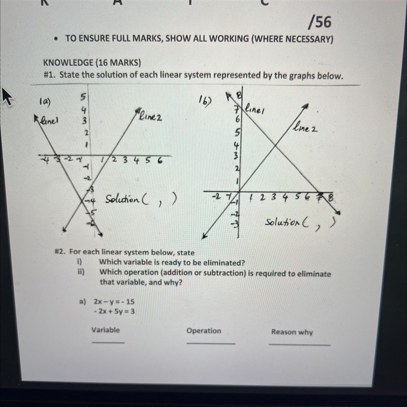 Which variable is ready to be eliminated? 2x - y =-15 -2x + 5y = 3-example-1