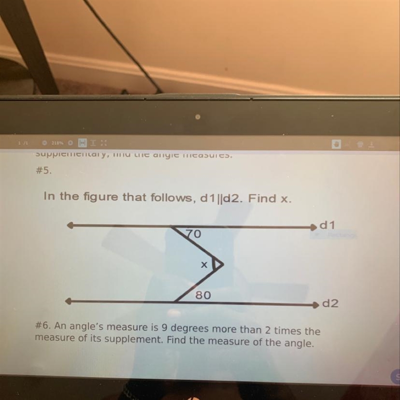 #5.In the figure that follows, d 1 ||d2. Find x.d170Х80d2Only Question 5 not 6-example-1