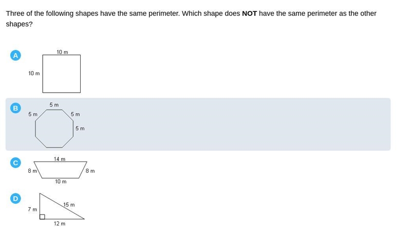 Which shape DOES NOT have the same perimeter as the other shapes?-example-1