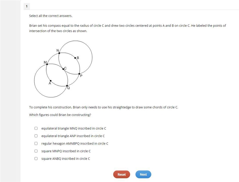 Select all the correct answers. Brian set his compass equal to the radius of circle-example-1