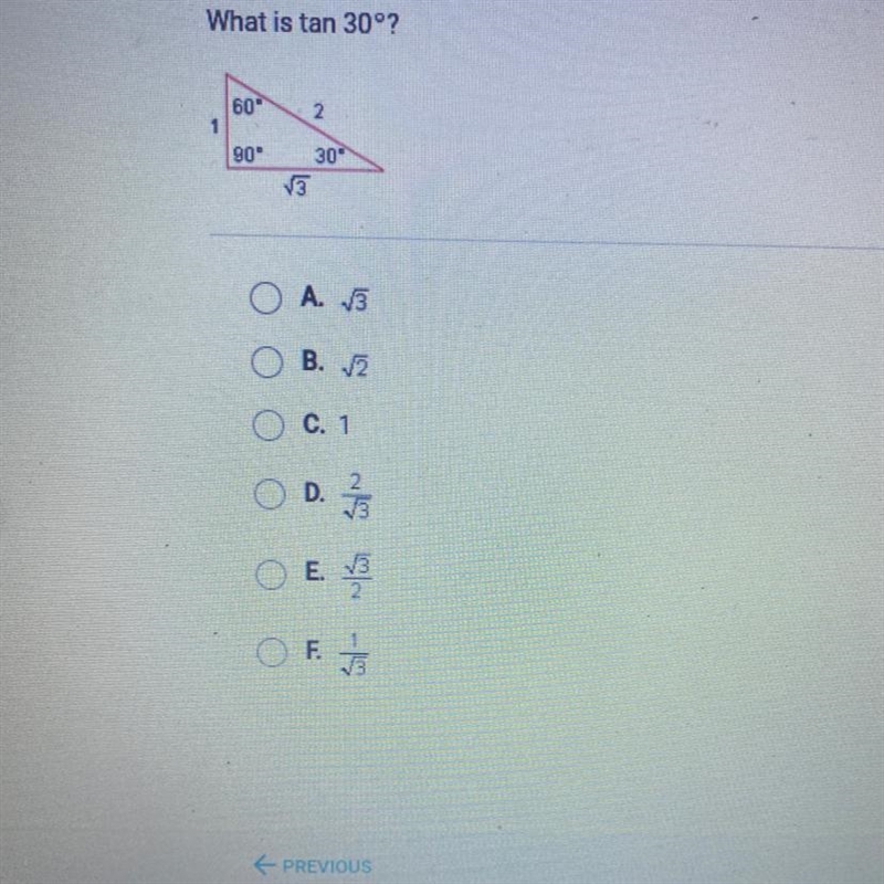 What is tan 30°?60290"30A. 13B. 2C. 1D./ 룷E.ООమ- దు -F-example-1