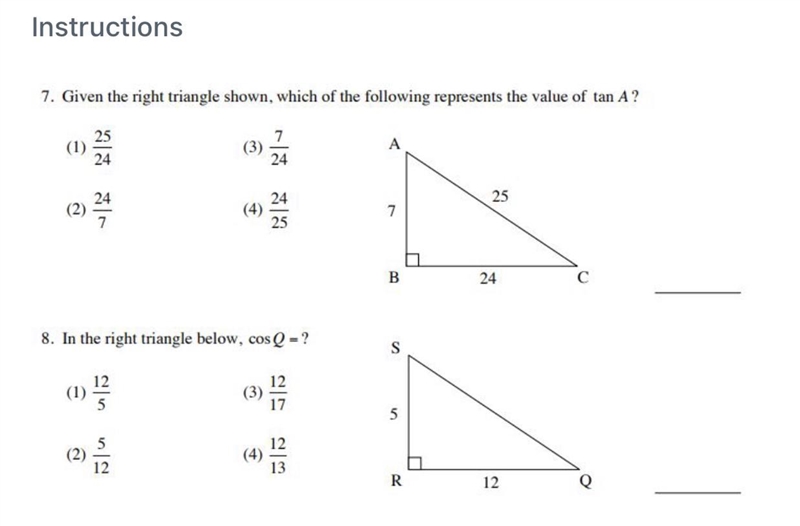 7. Solve for value of tan A 8. Solve for Cos Q-example-1