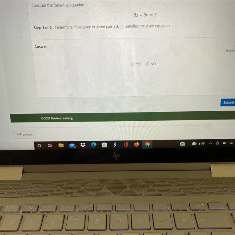 Consider the following equation:5x + 5y = 5Step 1 of 2: Determine if the given ordered-example-1