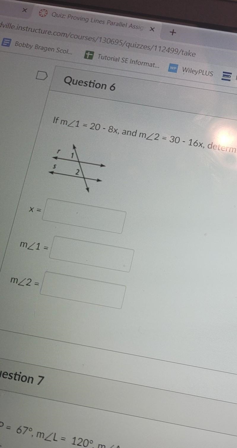 Determine the value of x and find measure of both angles-example-1