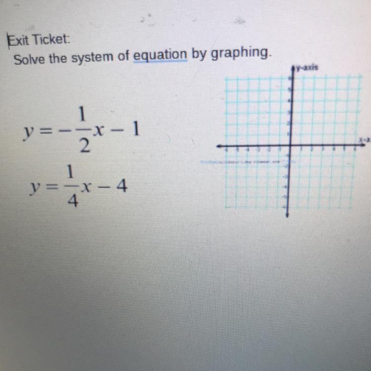 Solve the system of equation by graphingY=-1/2x-1Y=1/4x-4Please make a graph and solve-example-1