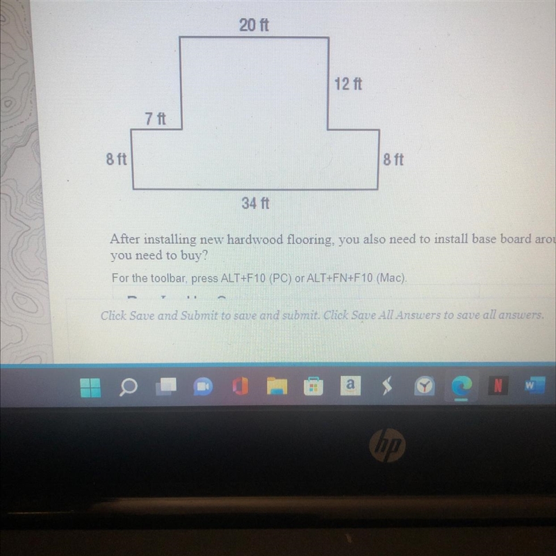 The floor plan of a house is shown below 20 ft 12 ft 7 ft 8 ft 8 ft 34 ft After installing-example-1