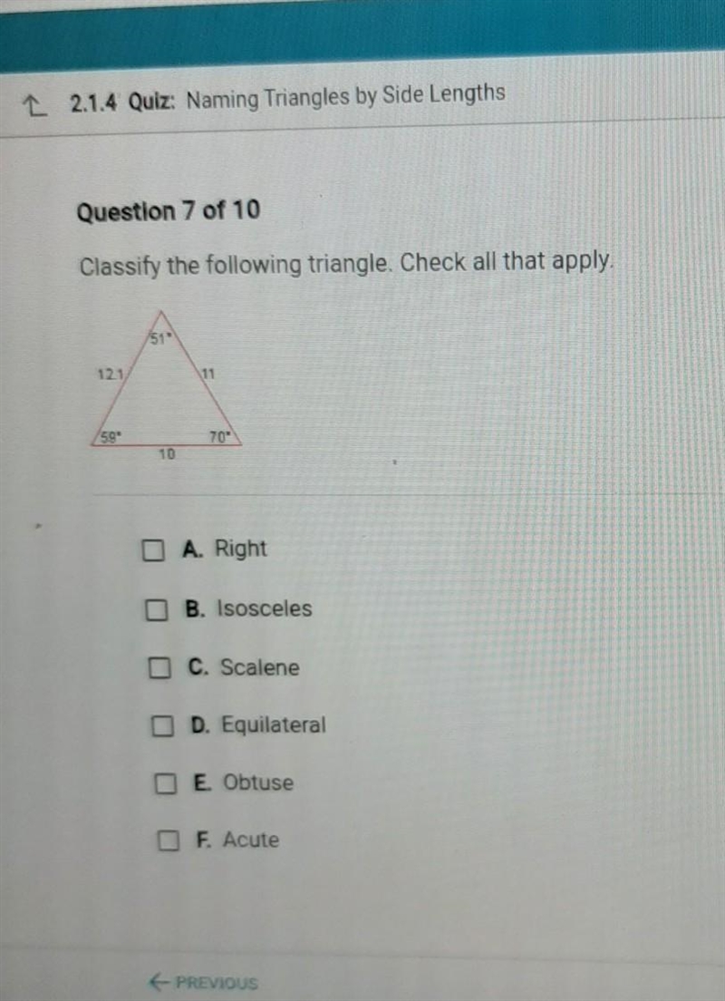 Classify the following triangle. Check all that apply. 12.1 11 1592 705 O A. Right-example-1