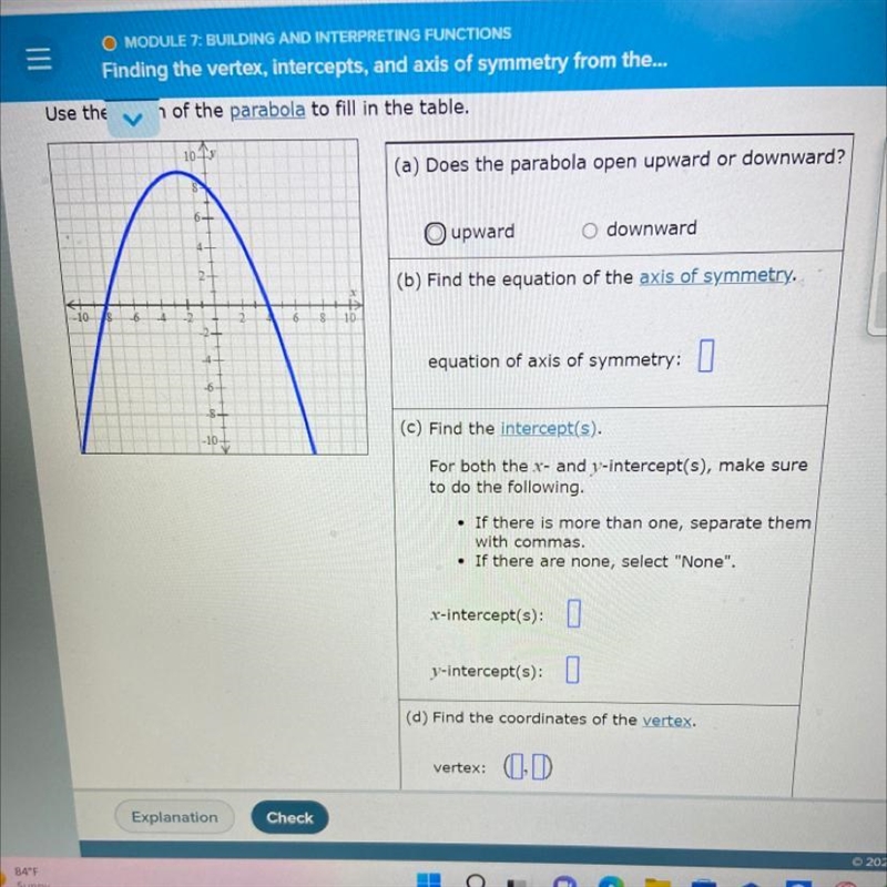 Finding the vertex, intercepts, and axis of symmetry from the graph of a parabola-example-1