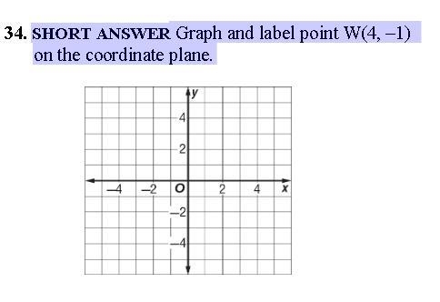 SHORT ANSWER Graph and label point W(4, –1) on the coordinate plane.-example-1