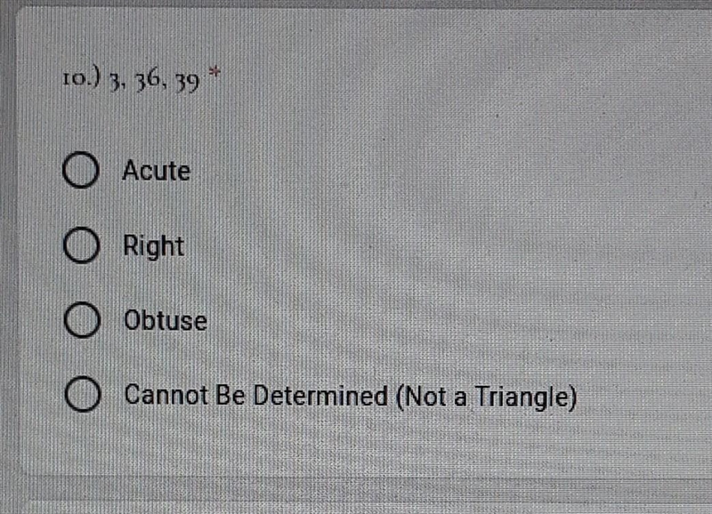 Determine if a triangle with the following sides is acute, obtuse, right, or cannot-example-1