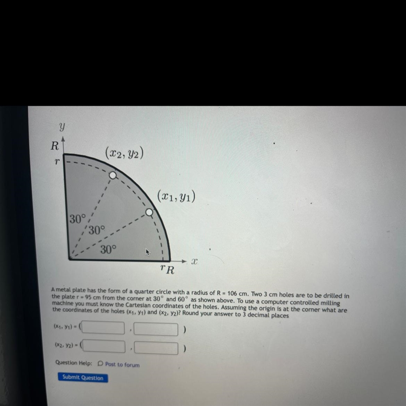 A metal plate has the form of a quarter circle with a radius of R = 106cm . Two 3 cm-example-1