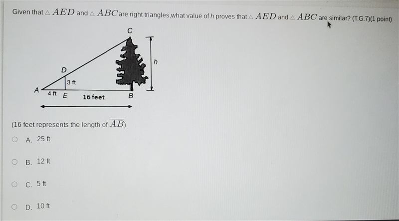 Given that A AED and A ABC are right triangles,what value of h proves that ^ AED and-example-1