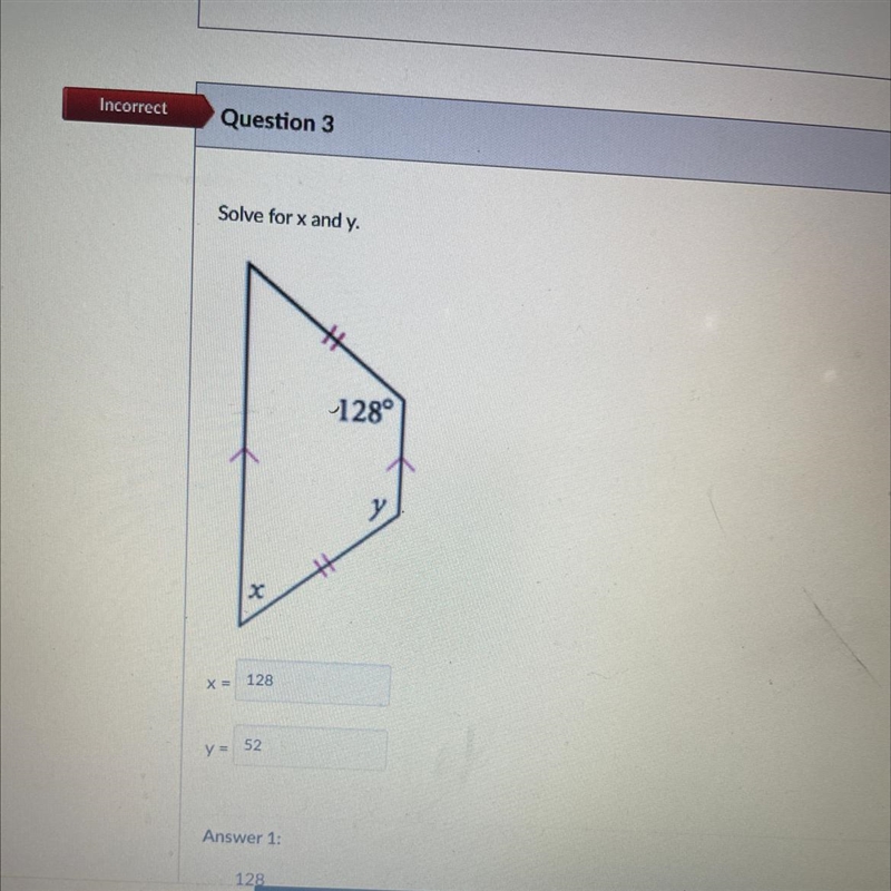 On ning Solve for x and y. x 128° у-example-1