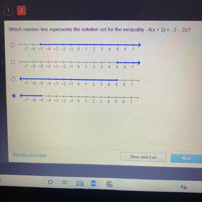 Which number line represents the solution set for the inequality -4(x + 3) ≤-2-2x-example-1