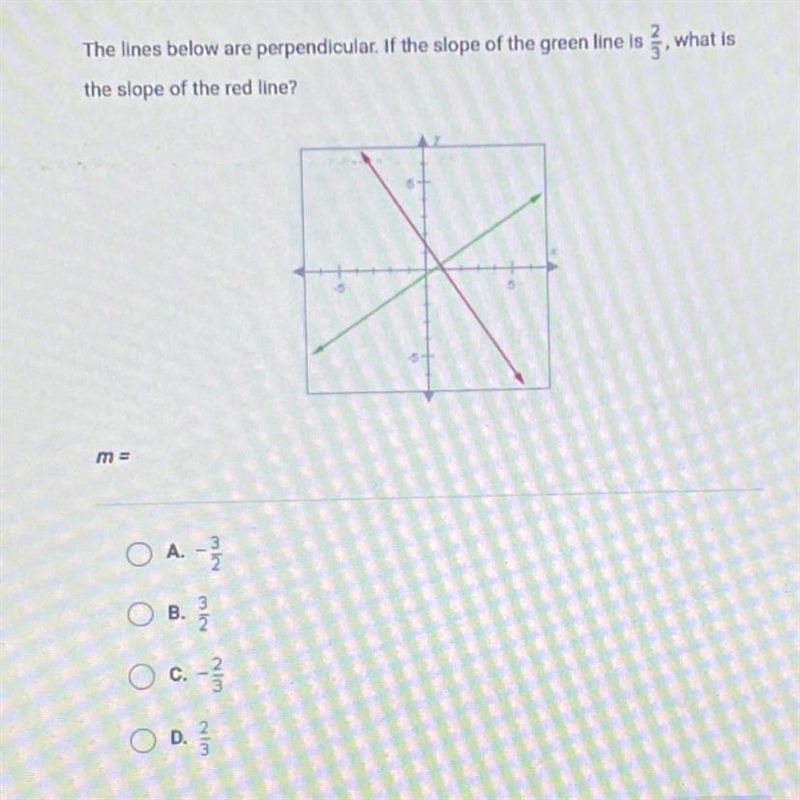 The lines below are perpendicular. If the slope of the green line is ž, what isthe-example-1