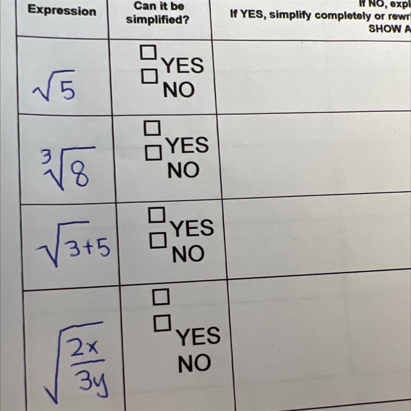 Instructions: Determine which expressions can be simplified and if not, explain why-example-1