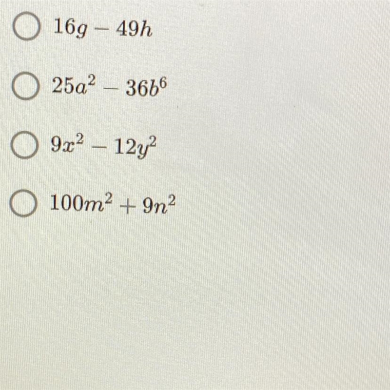 Which of the following is the difference of two squares?-options are in the photo-example-1